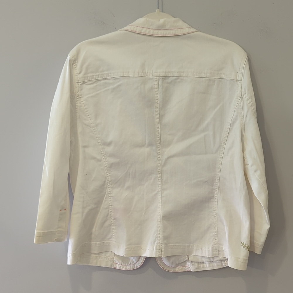 Vintage White Blazer with Floral Embroidery 3/4 Sleeves size 14 Stretch Cotton - Picture 5 of 8